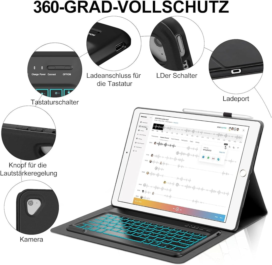 Tastatur für iPad Pro 12.9 2/1 Generation 2017/2015 mit Beleuchtete, Hülle mit Tastatur für iPad Pro
