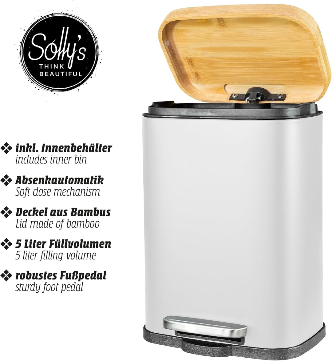 Solly´s 5L Kosmetikeimer mit Bambus Deckel, Bad Treteimer mit Absenkautomatik, pulverbeschichtet, ru