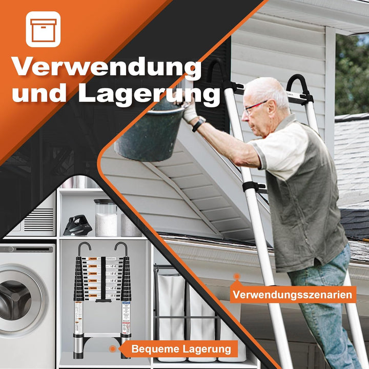 3,8mTeleskopleiter mit Haken, HBTower Leichte Ausziehleiter, Leiter Ausziehbar, klappbare Leiter für