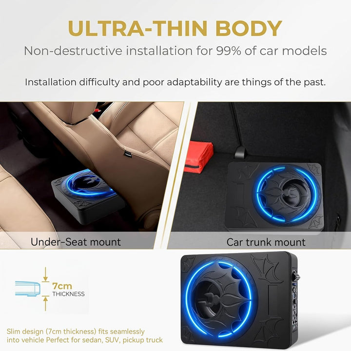 SIXWIN 1200W Subwoofer, 10 Zoll Schlanker Unter-Sitz-Subwoofer für Autos und Verstärker-Paket,Car Au
