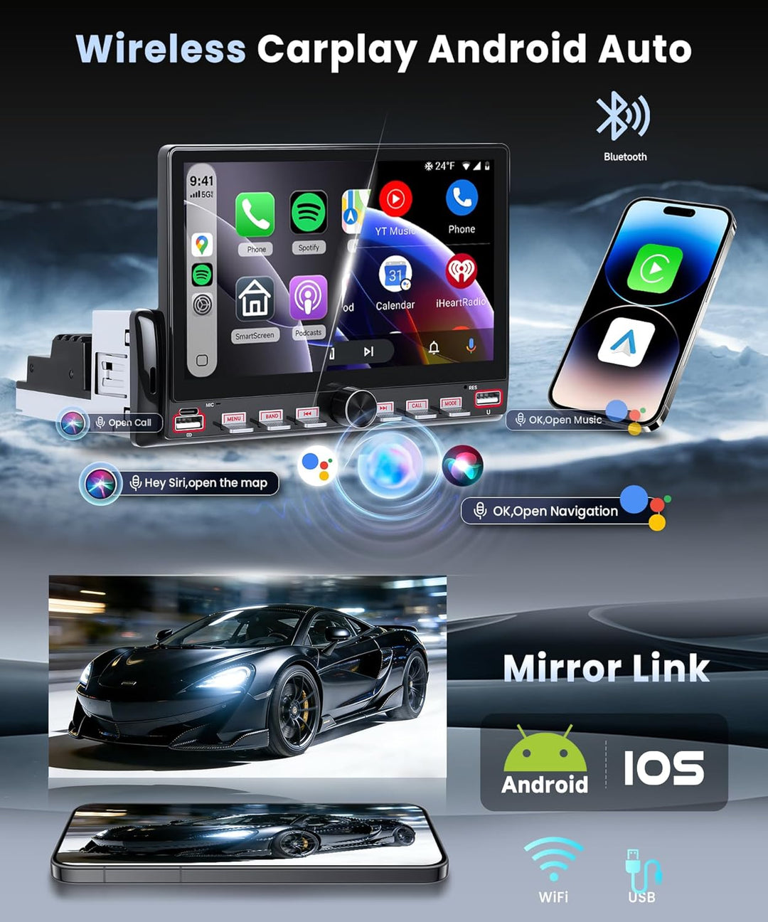VECHTEL 4G+64G Android 15 Klaviertasten Autoradio 1 Din, 7'' IPS HD Touchscreen mit Drahtlos Carplay