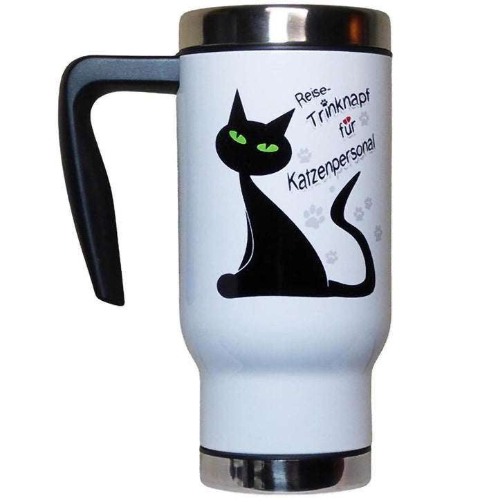 lustiger Thermobecher mit Katzen-Motiv und Spruch 'Reise Trinknapf für Katzenpersonal' Isolierbecher