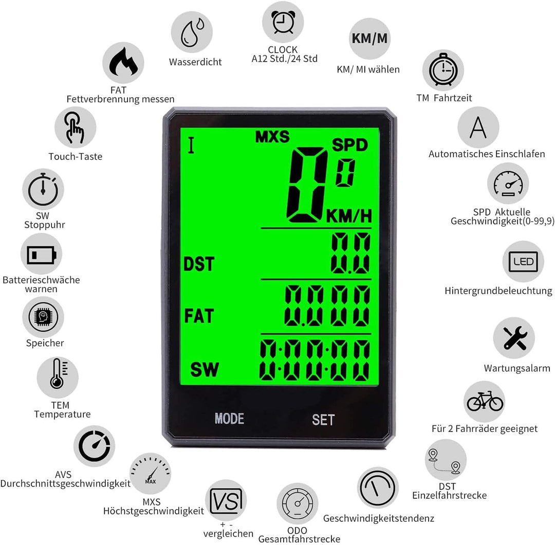 Fahrradcomputer Kabellos Multi Funktionen Bike Kilometerzähler Wasserdicht Grosse LCD-Hintergrundbel