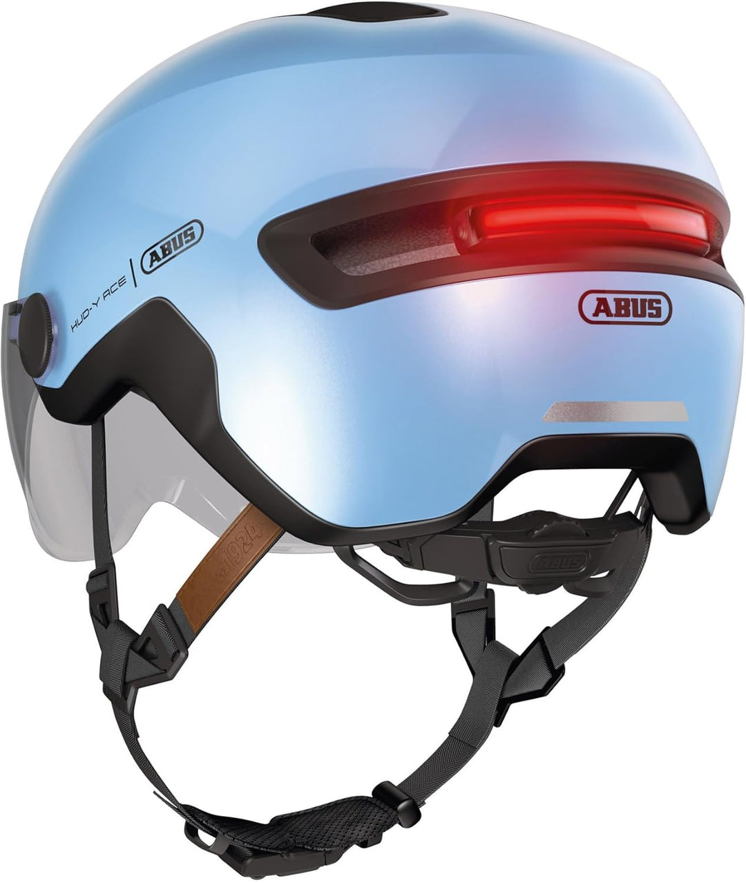 ABUS Stadthelm HUD-Y ACE - stylischer Fahrradhelm mit Visier und magnetischem, aufladbarem LED-Rückl