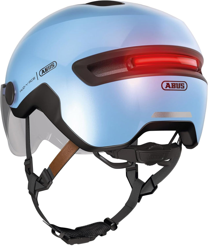 ABUS Stadthelm HUD-Y ACE - stylischer Fahrradhelm mit Visier und magnetischem, aufladbarem LED-Rückl