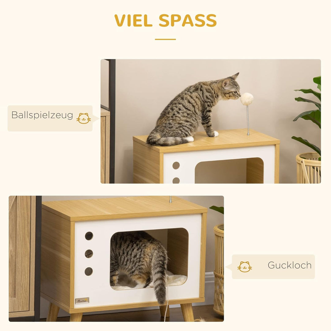 PawHut Katzenhaus, Katzenkiste TV-förmige mit Spielball, Kratzmatte Indoor Katzenhütte Katzenschrank