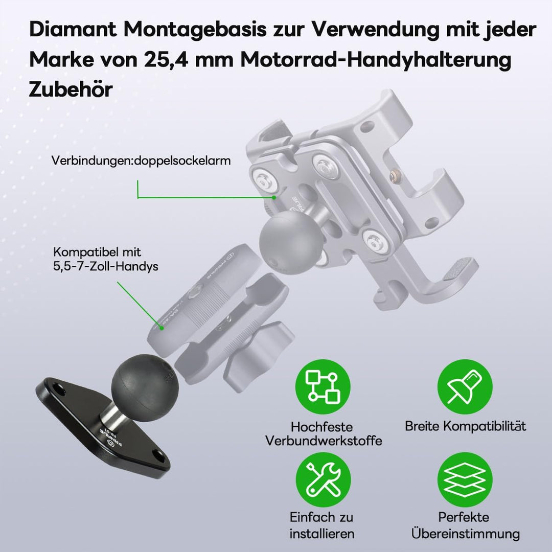 FANAUE Diamant Montagebasis Kompatibel mit RAM Mount B Grösse 1 Zoll Kugel Doppelsockelarm,Abstand d