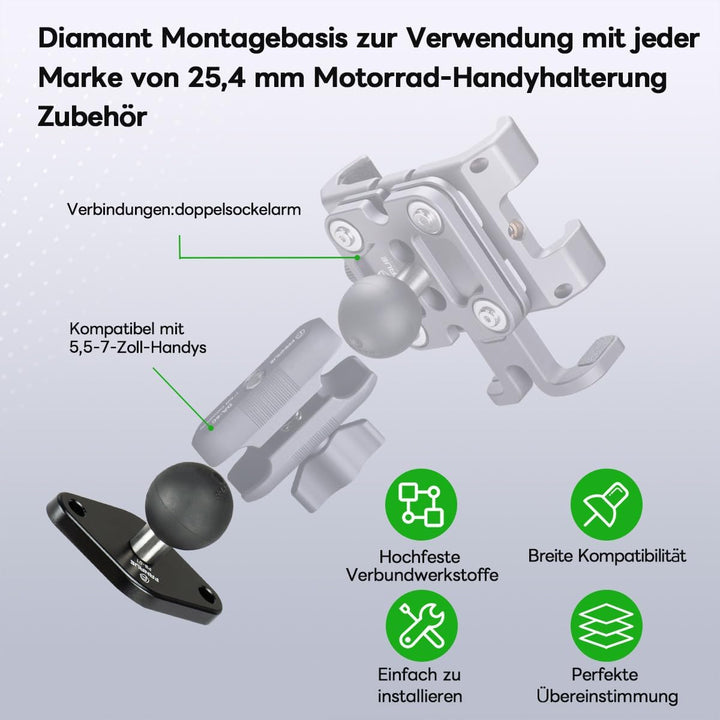 FANAUE Diamant Montagebasis Kompatibel mit RAM Mount B Grösse 1 Zoll Kugel Doppelsockelarm,Abstand d