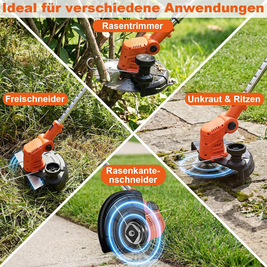 Rasentrimmer Akku 21V, 4-in-1 Freischneider mit 850W Motor und LCD-Anzeige, inkl. Stahlbürste und 8"