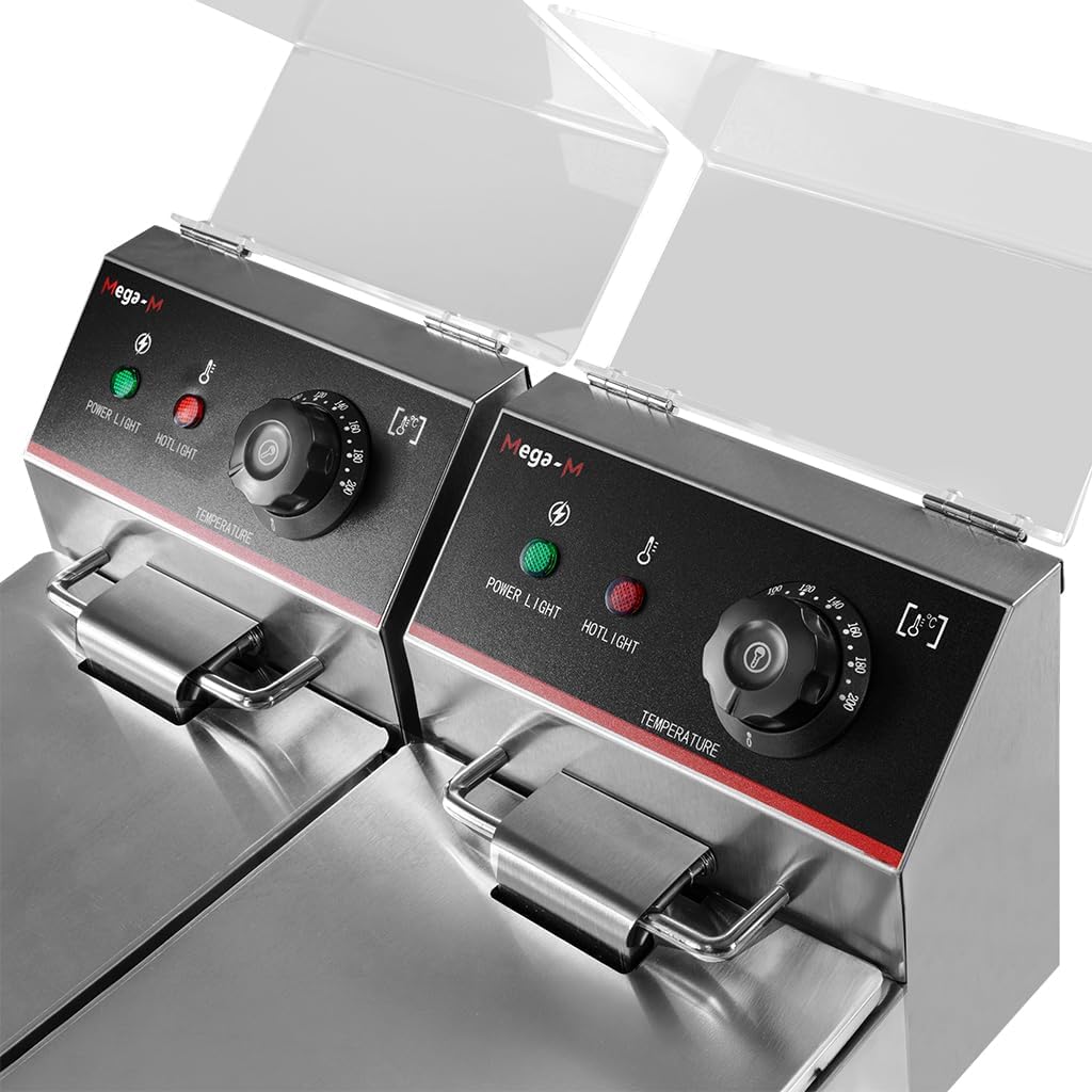 Mega-M Gastro-Fritteuse Elektro Zweikammer 2x4l 2x2kW, einstellbar mit Deckel, 45x40x30cm, Edelstahl