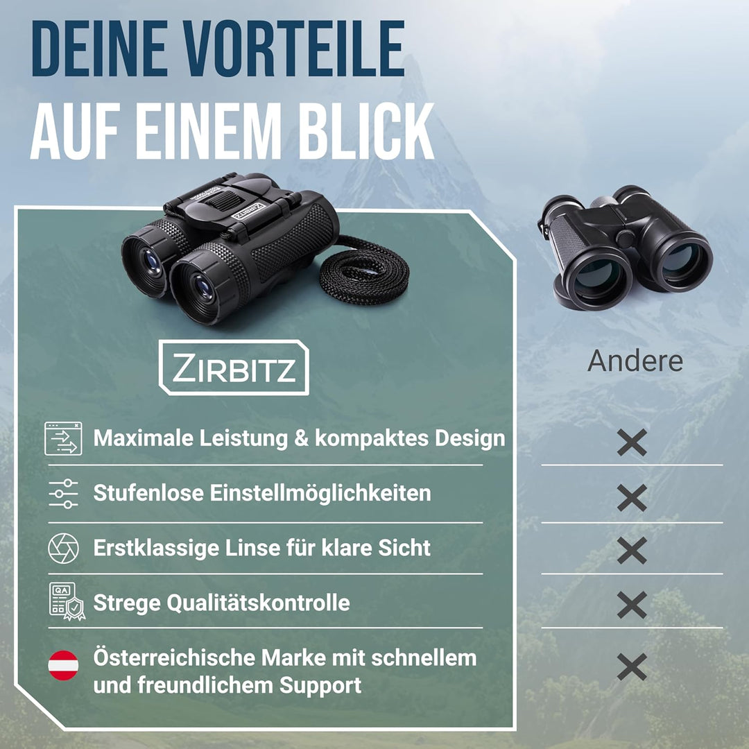 ZIRBITZ® HD Fernglas - Kleines und kompaktes Fernglas im Taschenformat für Wandern, Vogelbeobachtung