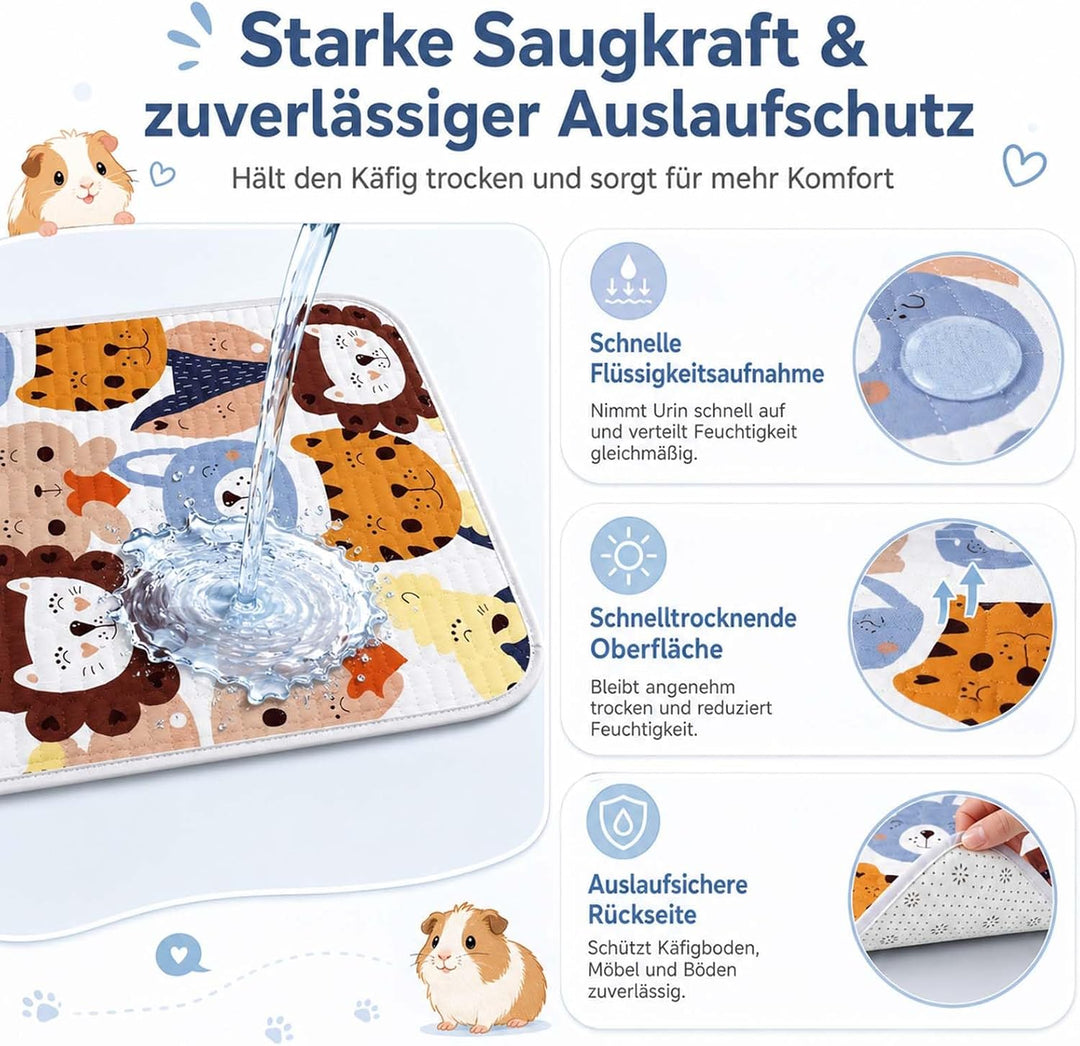 4 Stück 70 x 50 cm Pipipads für Meerschweinchen, auslaufsicher | waschbar, saugstark, wiederverwendb