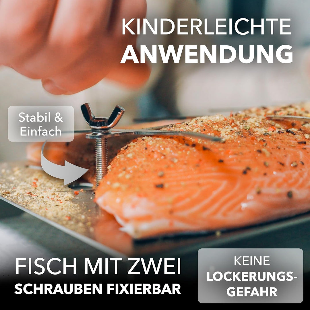 Bärenstahl Flammlachsbrett – Flammlachsbretter mit Halterung – Feuerfest aus Edelstahl geeignet für