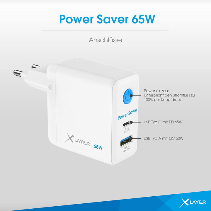XLayer Power Saver 65W USB C Ladegerät PD Netzteil Knopfdruck Schnellladegerät mit Strom-Stopp-Funkt