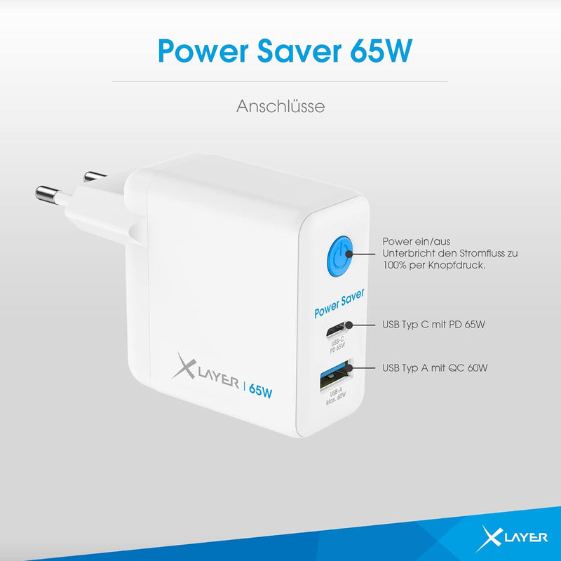 XLayer Power Saver 65W USB C Ladegerät PD Netzteil Knopfdruck Schnellladegerät mit Strom-Stopp-Funkt