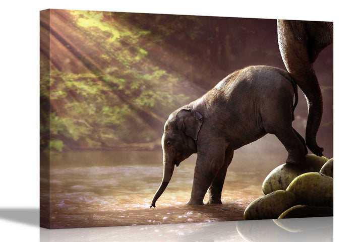 Artley Prints Baby Elefant und Mutter im Wald Leinwanddruck Tier-Wandkunst Bilder Home Office Decor