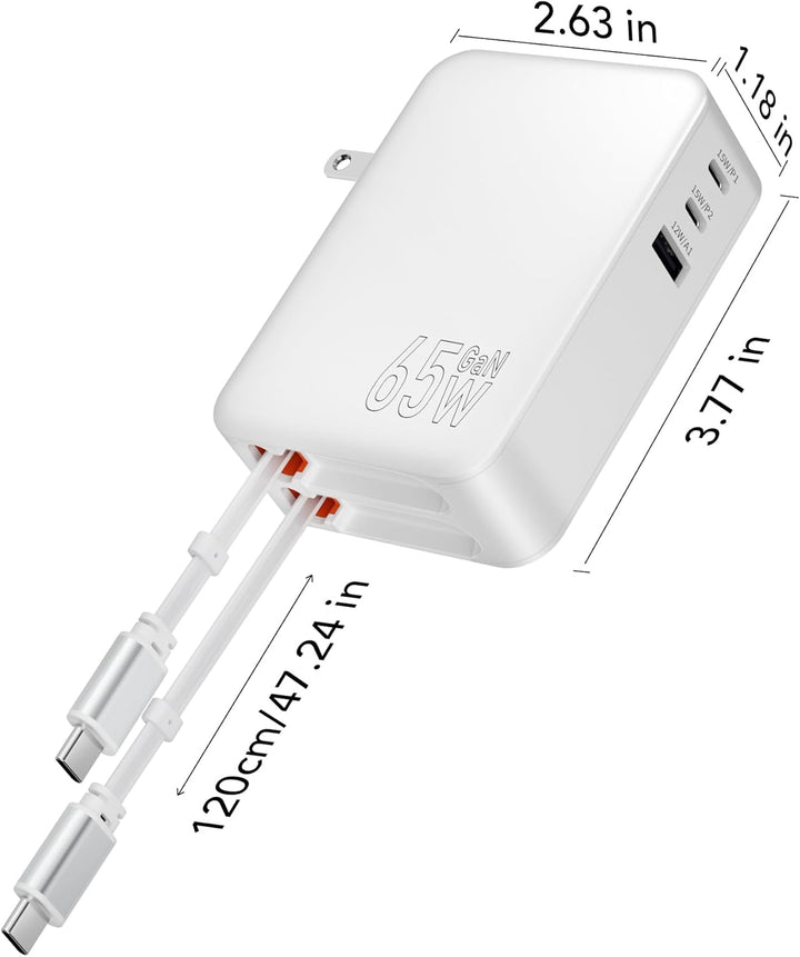 SPGUARD 5-in-1 Einziehbares Ladegerät 65W mit 2 Ausziehbares Kabel 120CM | USB C GaN Wandladegerät m