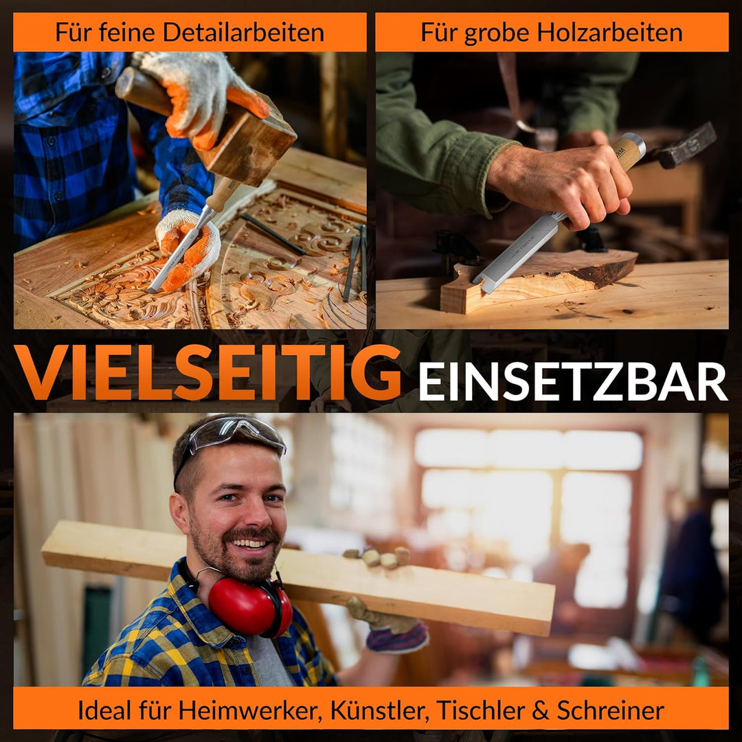 HOLZWURM Profi Stechbeitel-Satz für Holz, Stemmeisen-Set mit Schleifstein, 6 Meissel, Anleitung zum