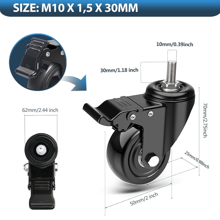 IQWTU Lenkrollen 50MM mit Bremse, 4 Stück Möbelrollen mit M10 x 1,5 x 30mm Schraube, Schwerlastrolle