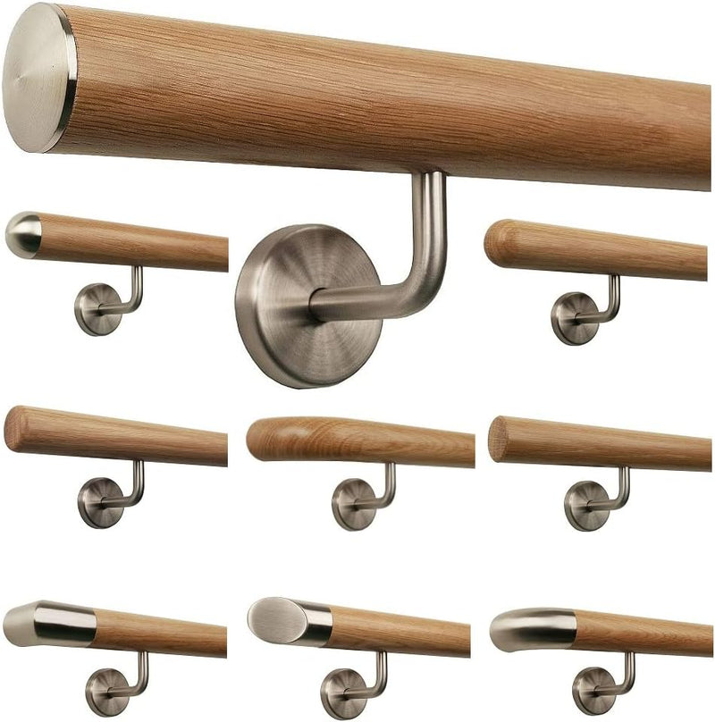 TIBU Eiche Holz Handlauf Geländer 0,3m - 6m, Länge 100 cm, Ende leicht gewölbte Edelstahlkappe und 2