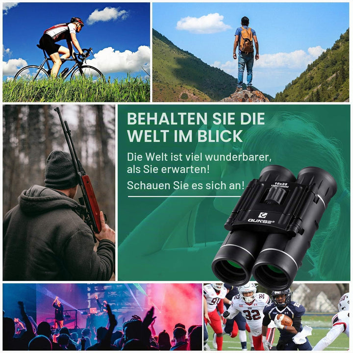 QUNSE Fernglas 10x25 Kleines Fernglas Kompakt Wasserdicht Feldstecher für Kinder Erwachsene mit Trag