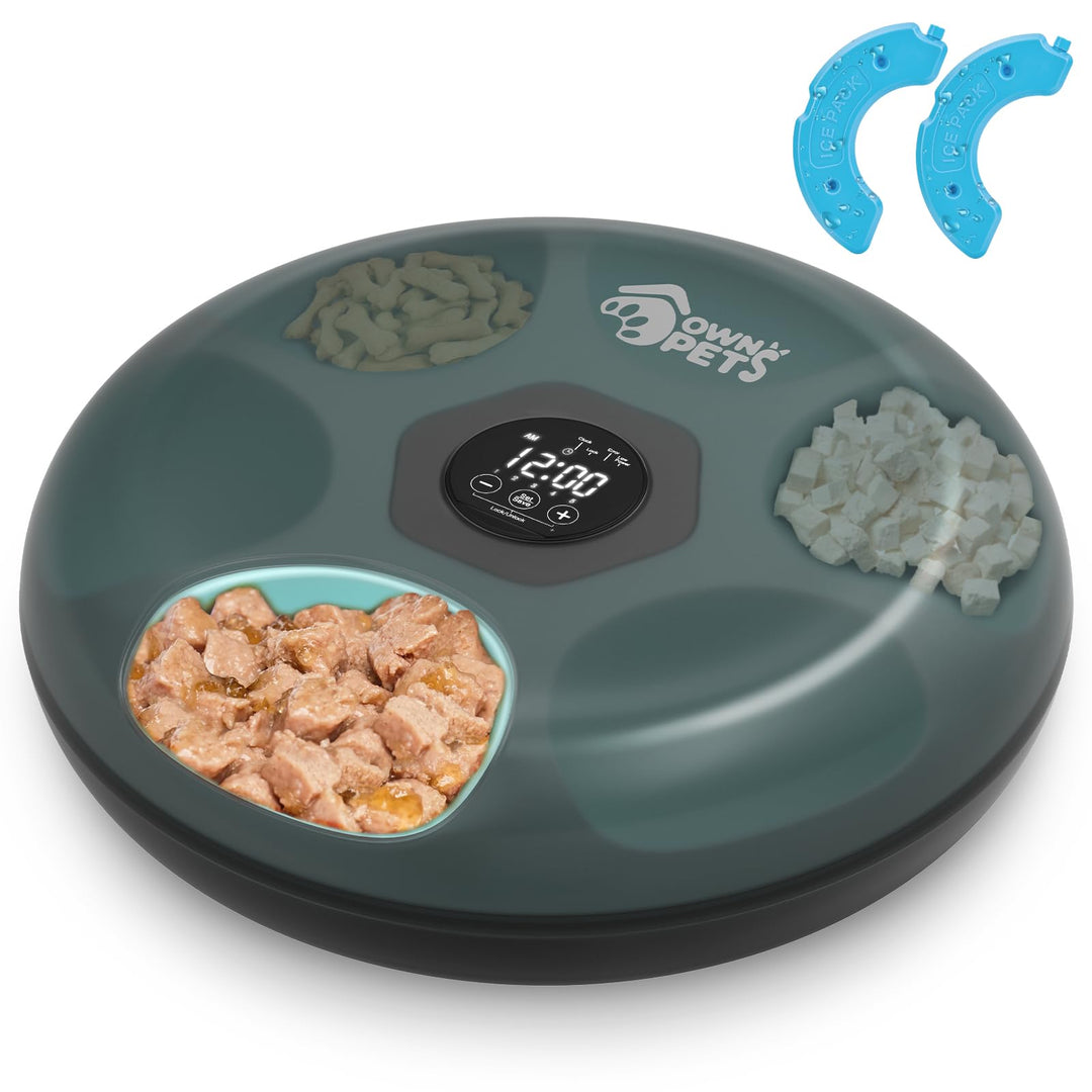 Ownpets 6 Mahlzeiten Automatischer Katzenfutterautomat für Nass-/Trockenfutter, mit 2 Kühlakkus, pro