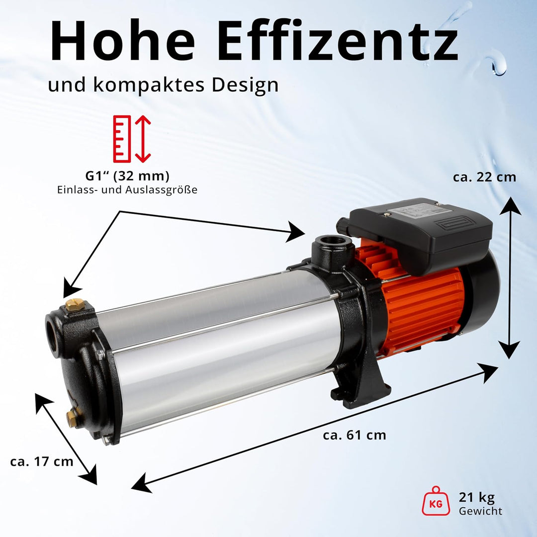 Grafner Premium Kreiselpumpe 10 Stufen, 5400 l/h 2200 Watt, 11 bar, Förderhöhe 110m, Ansaughöhe 8m,