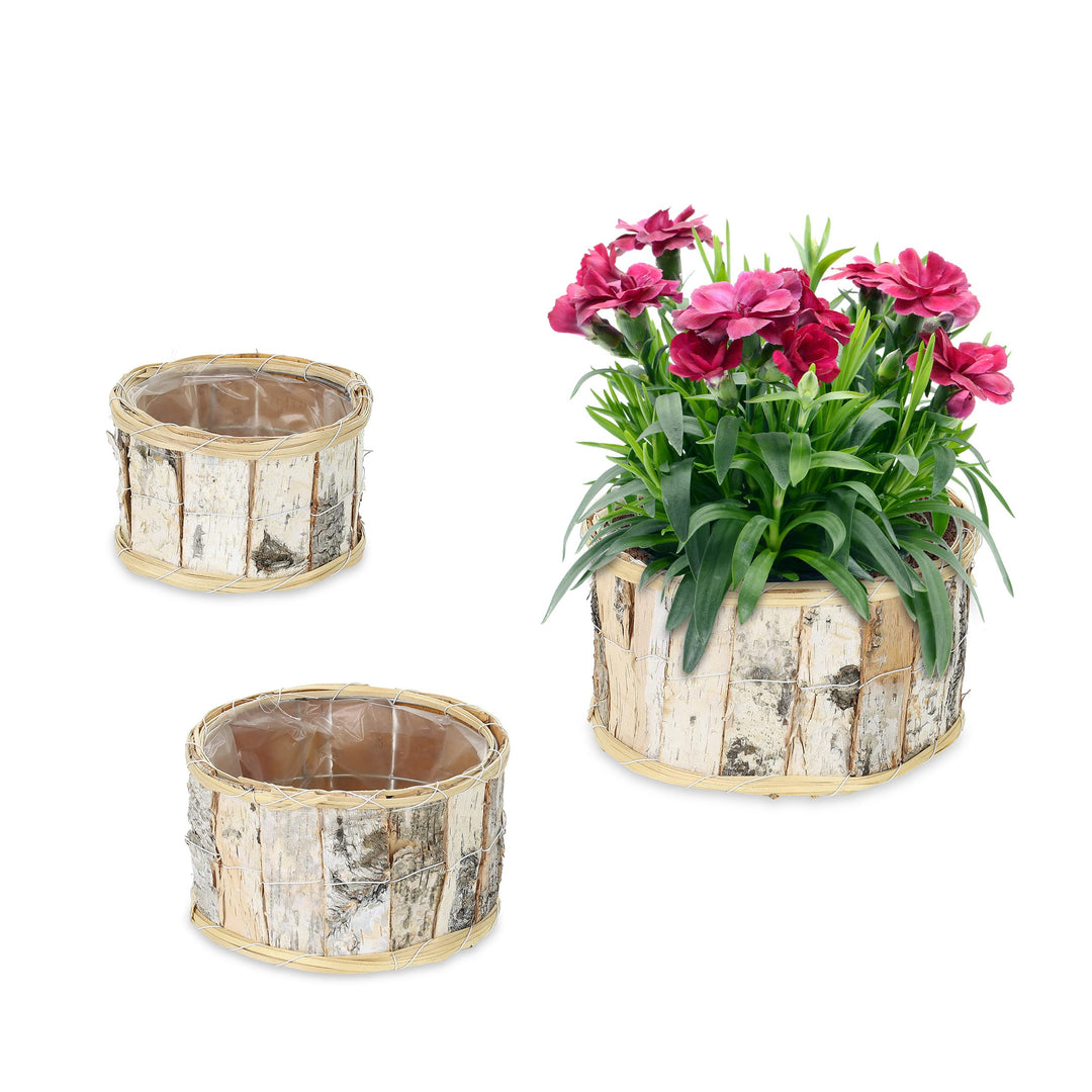 Relaxdays Blumentopf, 3er Set, rundes Design, Birke, mit Folienauskleidung, Pflanzkörbe für innen un