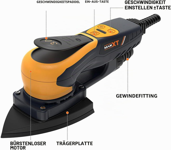 MAXXT Maus-exzenterschleifer mit bürstenlosem Motor, 350W, 3mm Orbit, 4000-10000 U/min, Schleiffläch