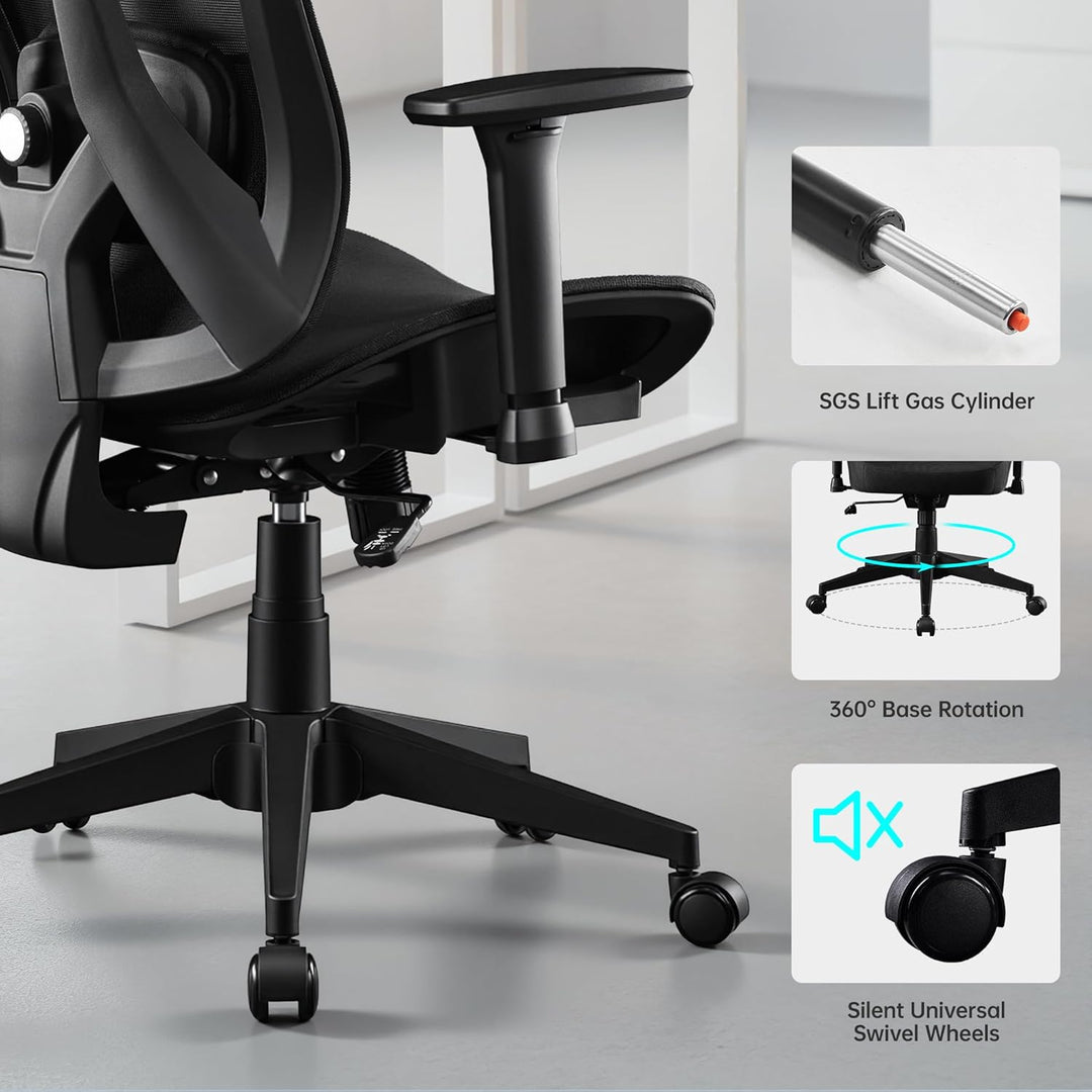 Bürostuhl Ergonomisch mit Verstellbar 3D Armlehne, Kopfstütze und Lendenwirbelstütze, Carbon-Mesh Ga