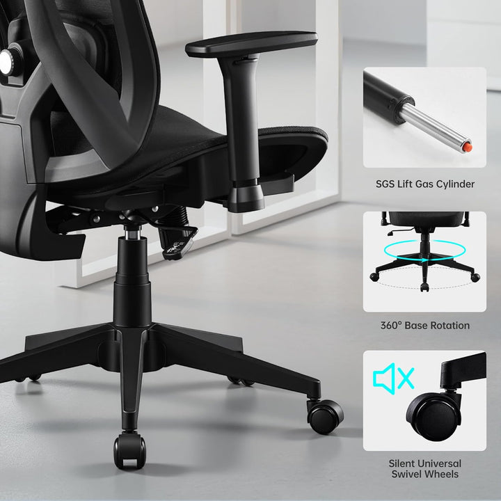 Bürostuhl Ergonomisch mit Verstellbar 3D Armlehne, Kopfstütze und Lendenwirbelstütze, Carbon-Mesh Ga