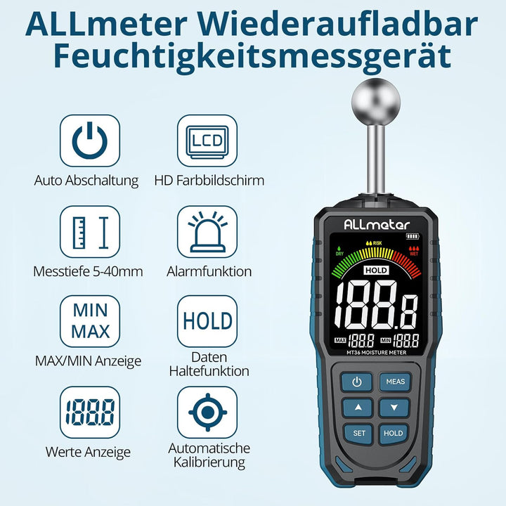 ALLmeter Wiederaufladbar Feuchtigkeitsmessgerät Feuchtigkeitsmesser 5-40 mm Analysetiefe mit Stoffbe