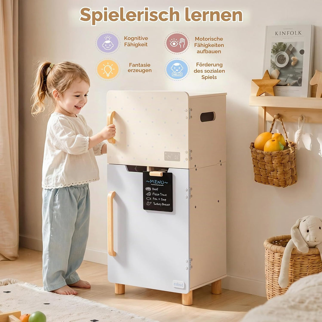 ROBUD Holzspielzeug-Kühlschrank-Set, Rollenspiel-Kühlschrank für Kinder mit Tafel, Gefrierfach, Kühl