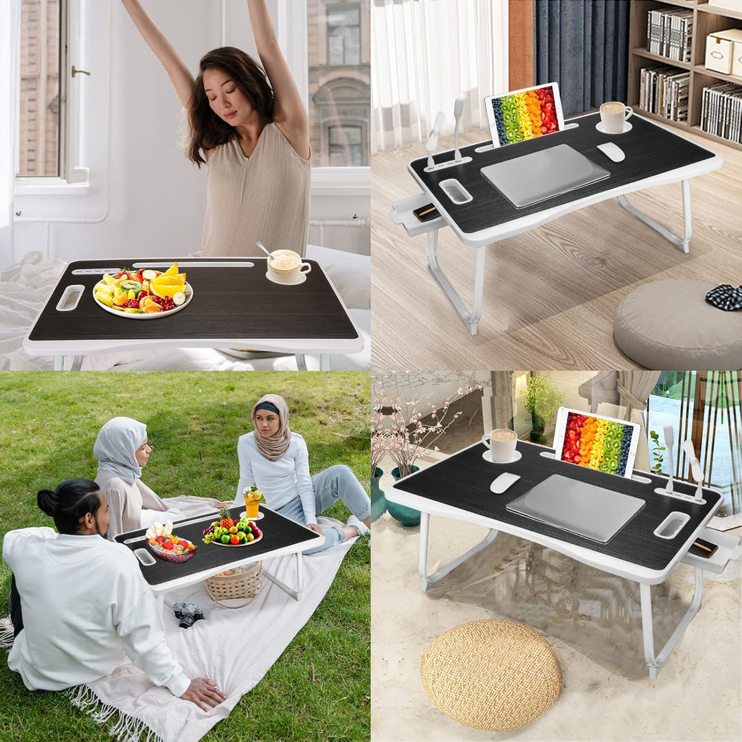 Laptop Betttisch, Faltbarer Laptop-Betttisch mit USB-Ladeanschluss, Griff, Kartenfach, Becherhalter,