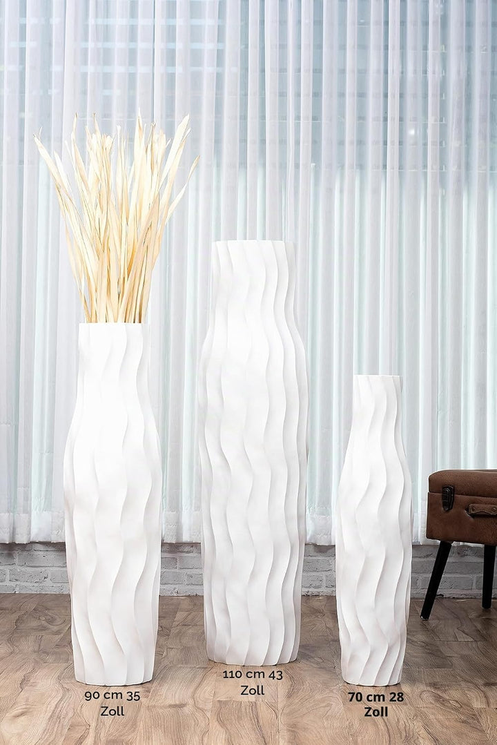 Leewadee Grosse Bodenvase für Dekozweige hohe Standvase Design Holzvase, Holz, 70 cm, Weiss 70 cm We