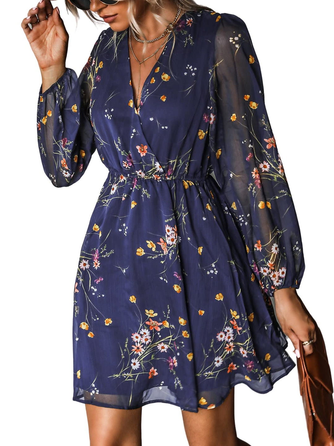 CUPSHE Damen Kleid V Ausschnitt Wickeloptik Transparente Lange Ärmel Blumenmuster Freizeitkleider Wr