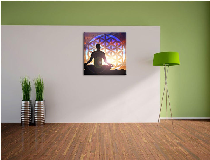 Pixxprint Meditierender Mensch Blume des Lebens, Format: 70x70 auf Leinwand, 70x70