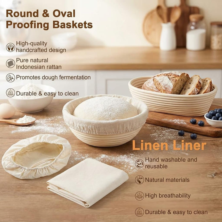 Kobete Brot Gärkorb Set, 23cm Gärkörbchen Rund &amp; 25cm Oval | Gärkörbchen zum Brotbacken aus natürlic