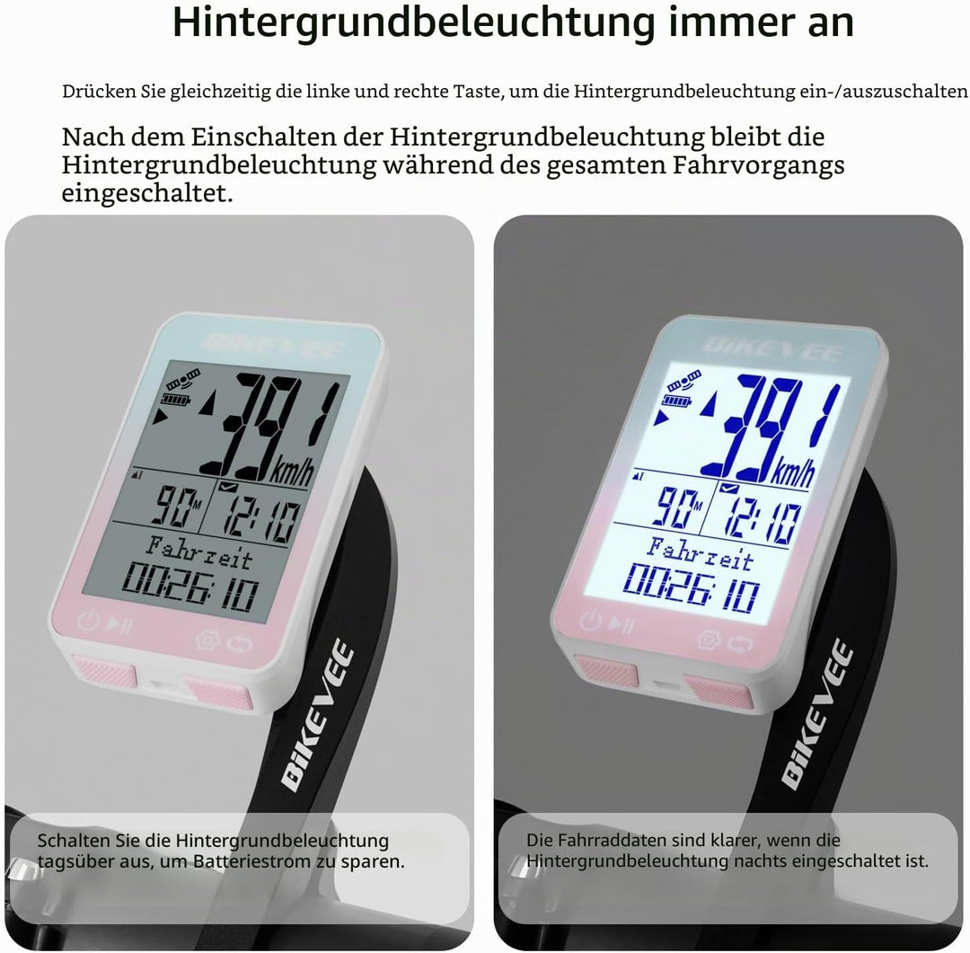 GPS Fahrradcomputer Kabellos IPX7 Wasserdicht 2.4'' FSTN Display 28H Akku Rosa-B【Verlängerte Frontha