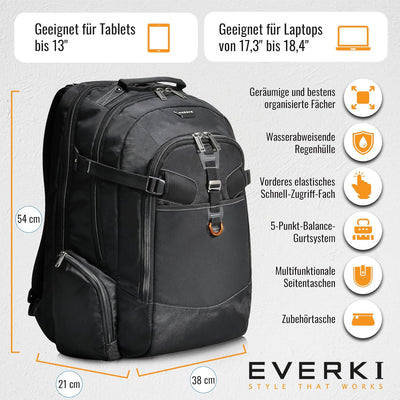 Everki EKP120 – Laptop Rucksack für Notebooks bis 18,4 Zoll (46,7 cm) mit durchdachtem Fächer-Konzep