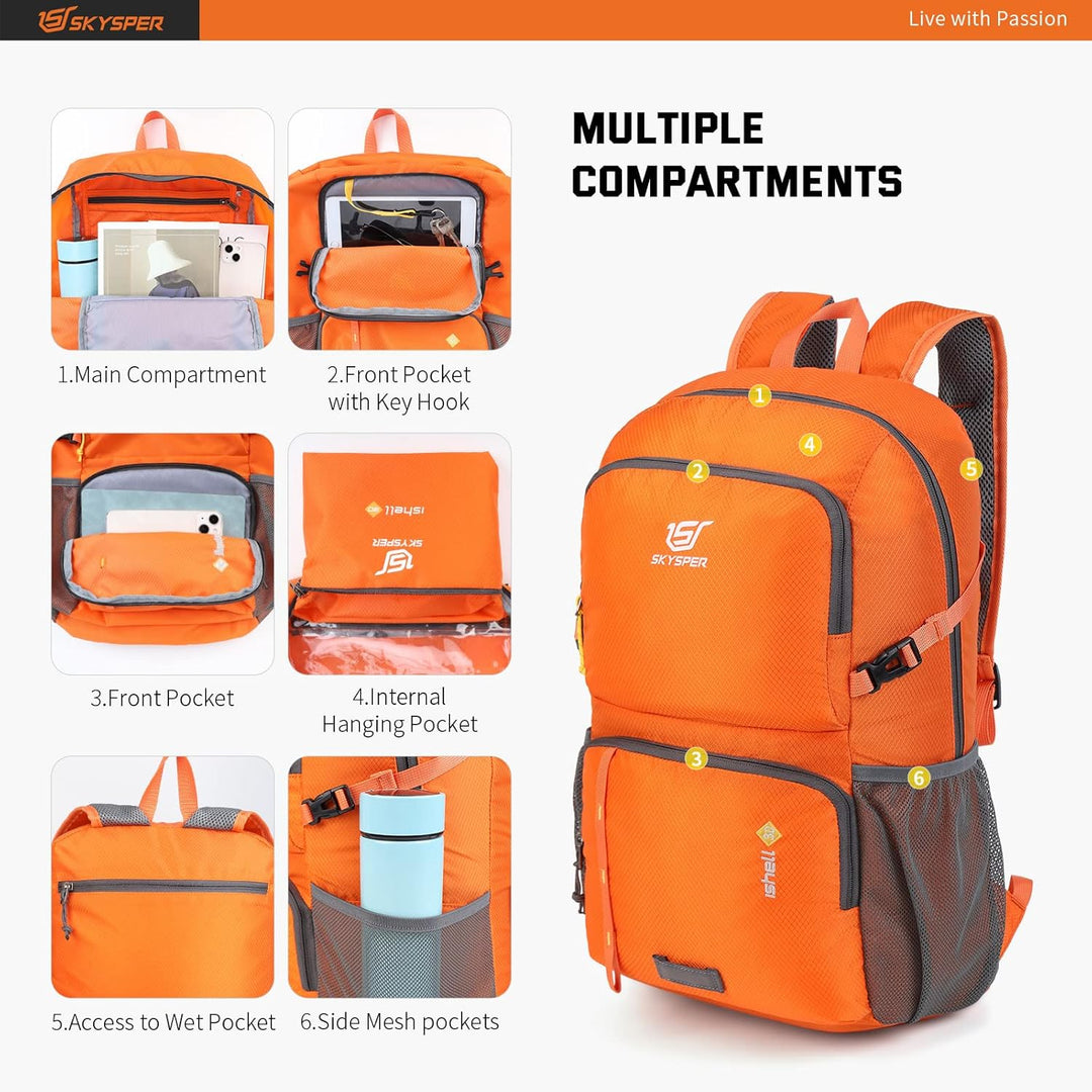 SKYSPER Ultraleichter Faltbarer Rucksack mit Nassfach - Wasserfest und Verstaubarer Daypack für Wand