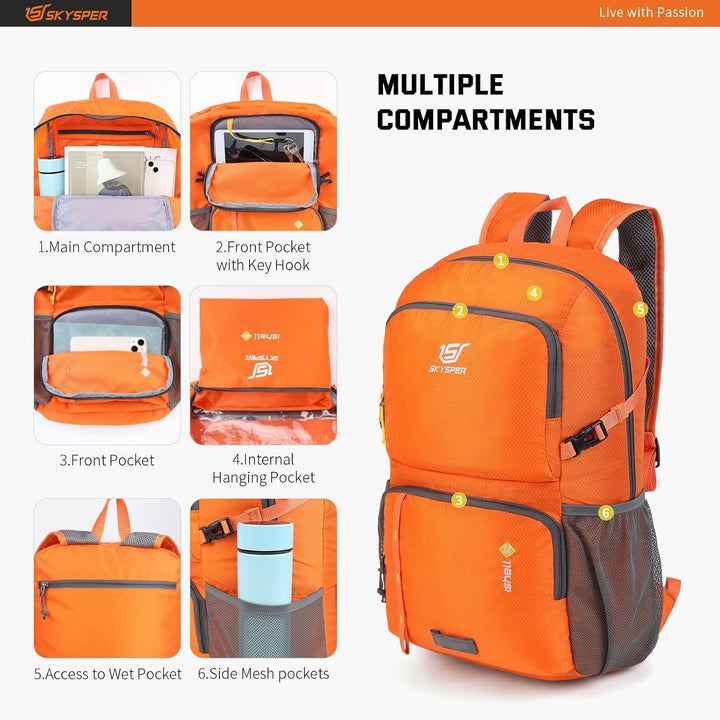 SKYSPER Ultraleichter Faltbarer Rucksack mit Nassfach - Wasserfest und Verstaubarer Daypack für Wand