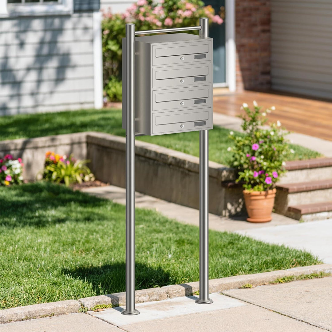 Wiltec 4er Briefkastenanlage Edelstahl 556 x 270 x 1500 mm, Standbriefkasten mit 4 Fächern, Schlüsse