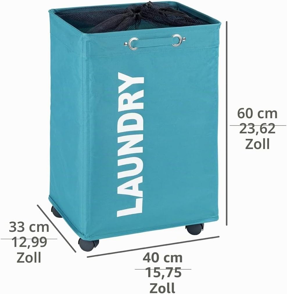 WENKO Wäschesammler Quadro petrol, stabiler Wäschekorb, Wäschetonne mit Rollen, Wäschetruhe mit Grif