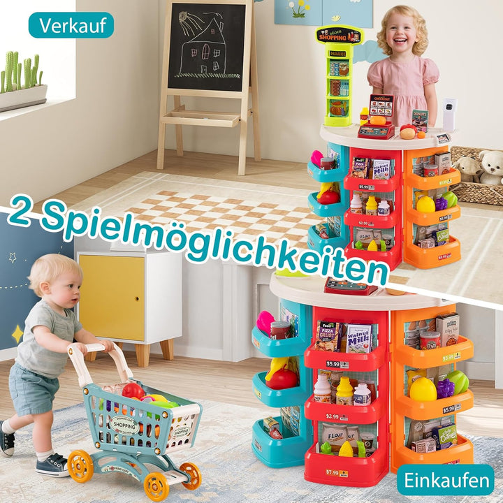 COSTWAY Kaufladen mit Einkaufswagen, Kinder Kaufmannsladen mit Waage, Regalen, Scanner mit Licht & S