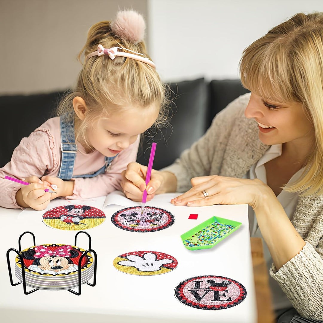 8 Stück Diamant Malerei Untersetzer mit Halter, DIY Mickey Minnie Malsets für Erwachsene und Kinder