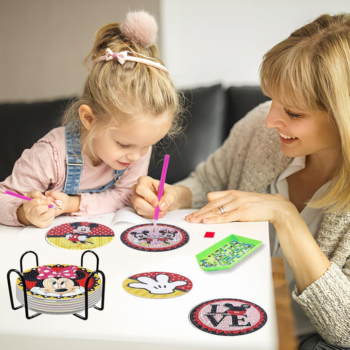 8 Stück Diamant Malerei Untersetzer mit Halter, DIY Mickey Minnie Malsets für Erwachsene und Kinder