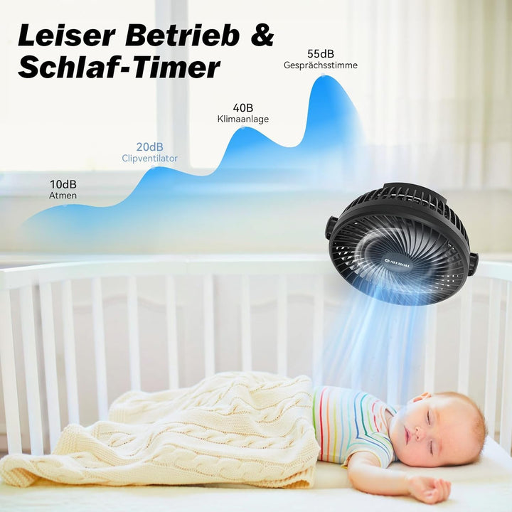 10000mAh Clip-On Ventilator mit Fernbedienung,3 Geschwindigkeiten USB Ventilator Akku mit Timer&LED-