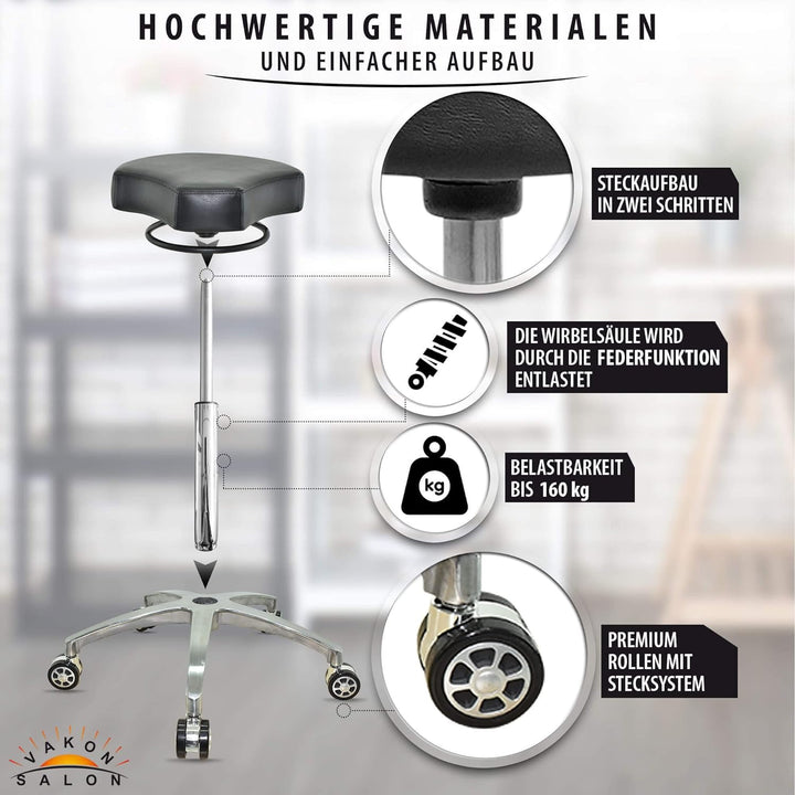 VAKON SALON - Design ergonomischer Rollhocker auf hochwertigen Rollen schwarz - Höhenverstellbarer v