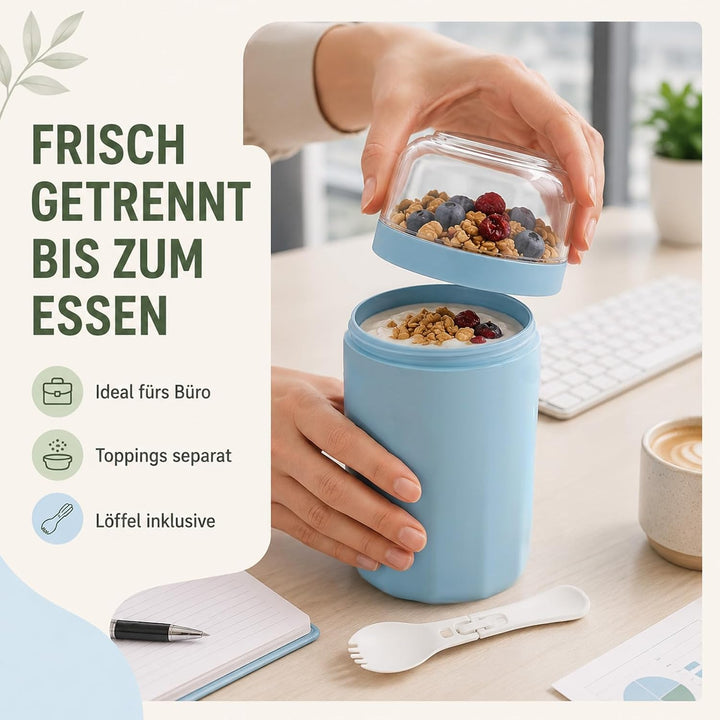 2er Set Müslibecher to Go mit Gabel-Löffel, 520ML+250ML Joghurtbecher to Go Auslaufsicher, Müsli to